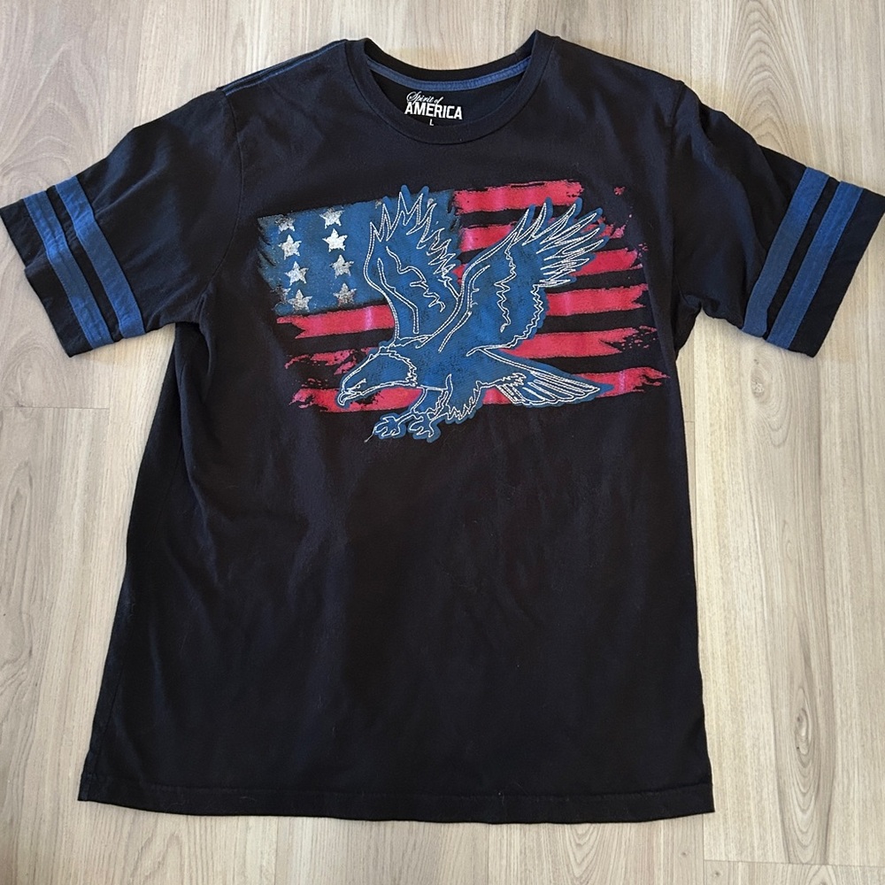 Spirit of America Cotton T-Shirt L Black Eagle Flag Casual Patriotic Everyday